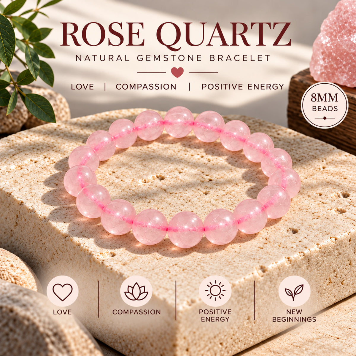 Natural Rose Quartz Bracelet for Love, Compassion & Positive Energy BB1001