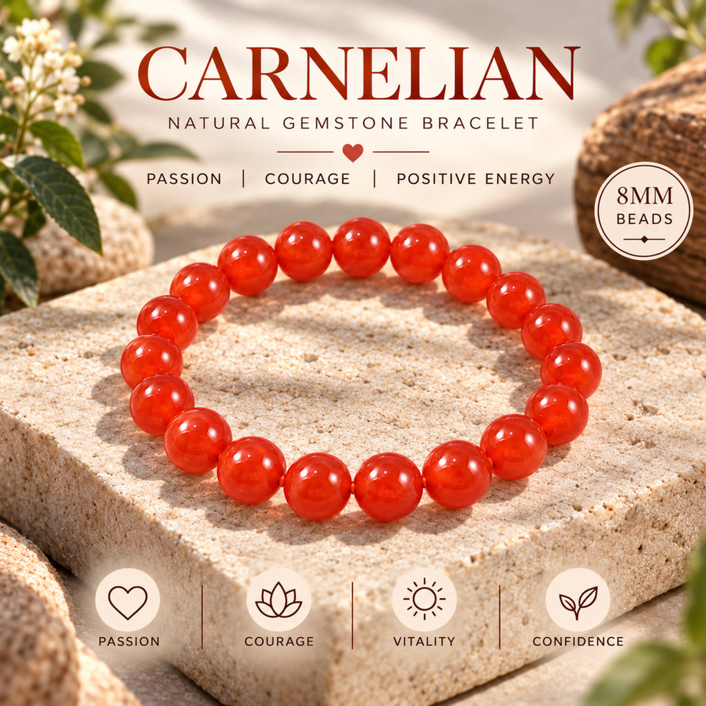 8mm Red Carnelian Crystal Stone Bracelet for Passion, Courage & Positive Energy BB1002