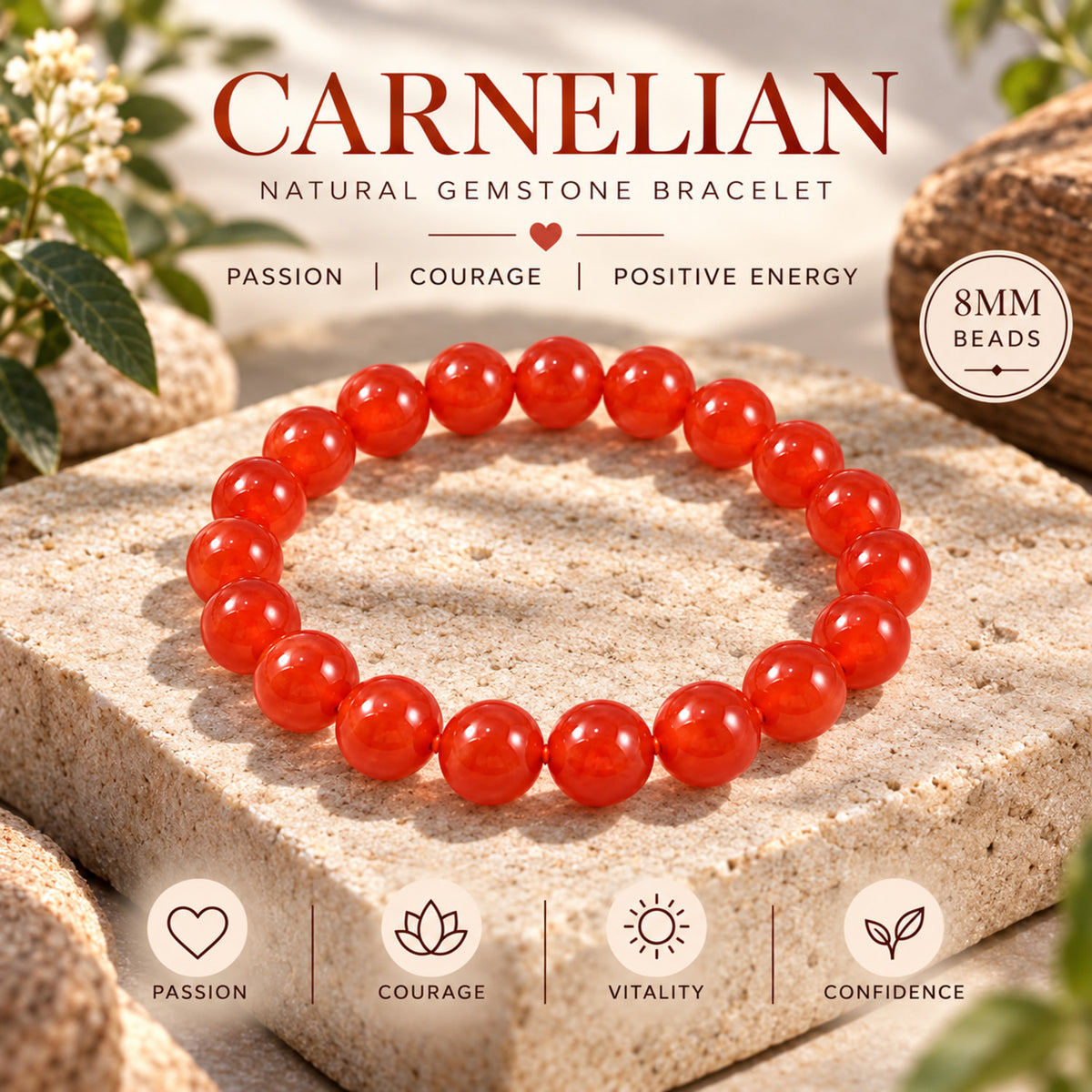 8mm Red Carnelian Crystal Stone Bracelet for Passion, Courage & Positive Energy BB1002
