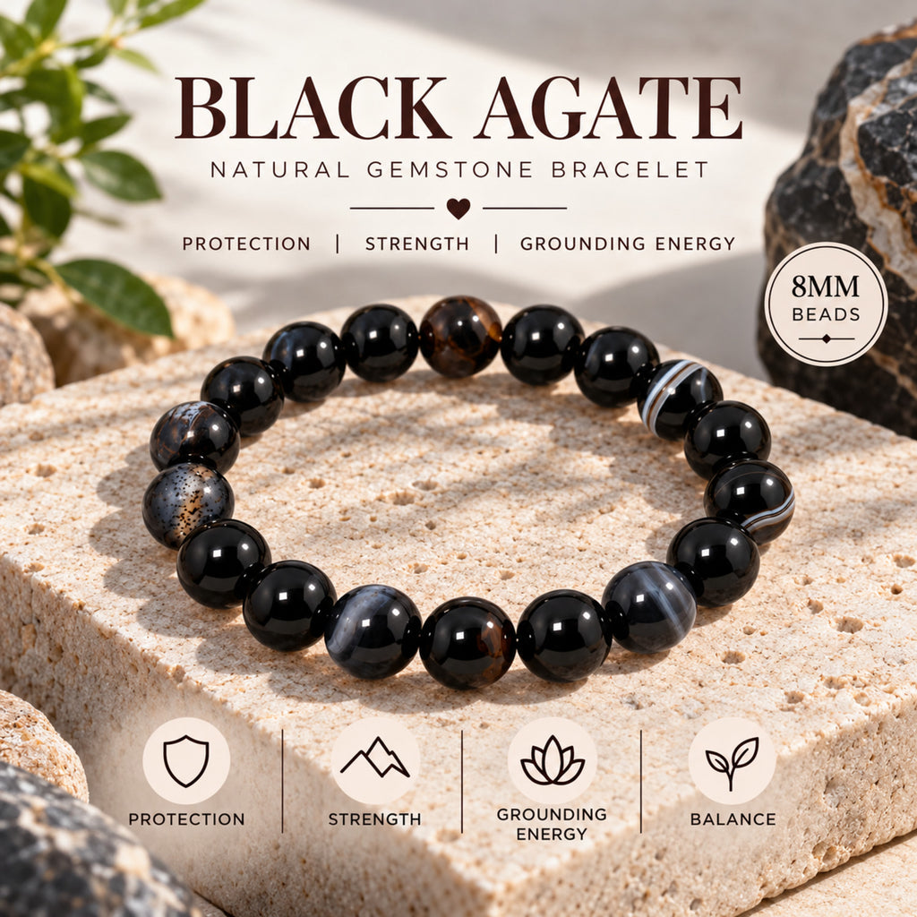 Natural Black Botswana Agate Beaded Bracelet for Protection, Strength & Grounding Energy BB1003