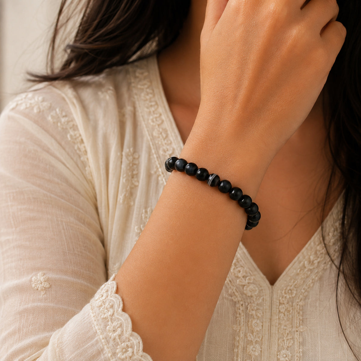 Natural Black Botswana Agate 8mm Black Gemstone Beaded Bracelet BB1003