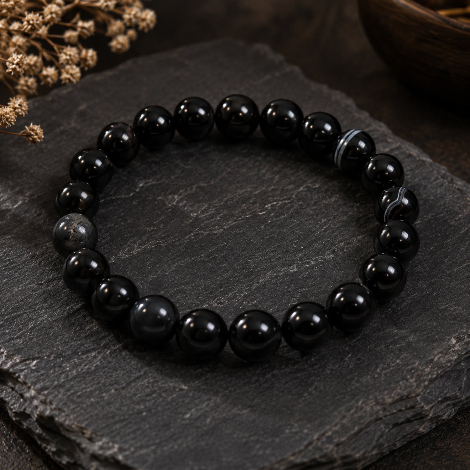 Natural Black Botswana Agate 8mm Black Gemstone Beaded Bracelet BB1003