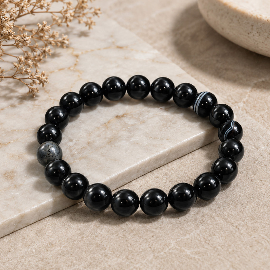 Natural Black Botswana Agate 8mm Black Gemstone Beaded Bracelet BB1003