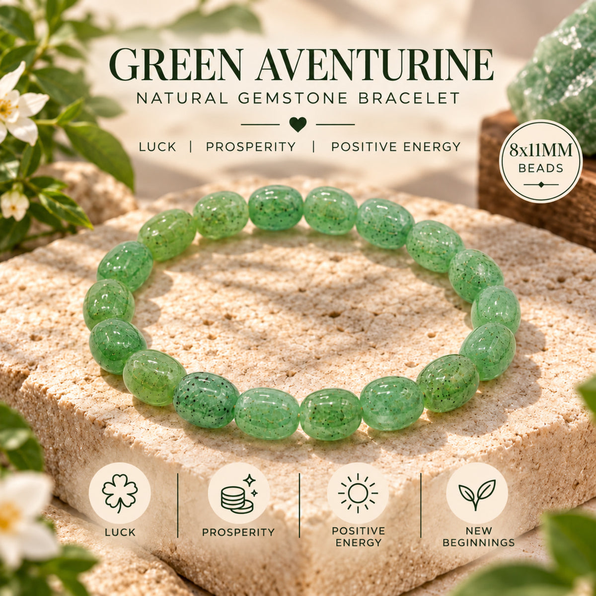 Natural Green Aventurine Beaded Bracelet for Luck, Prosperity & Positive Energy BB1008