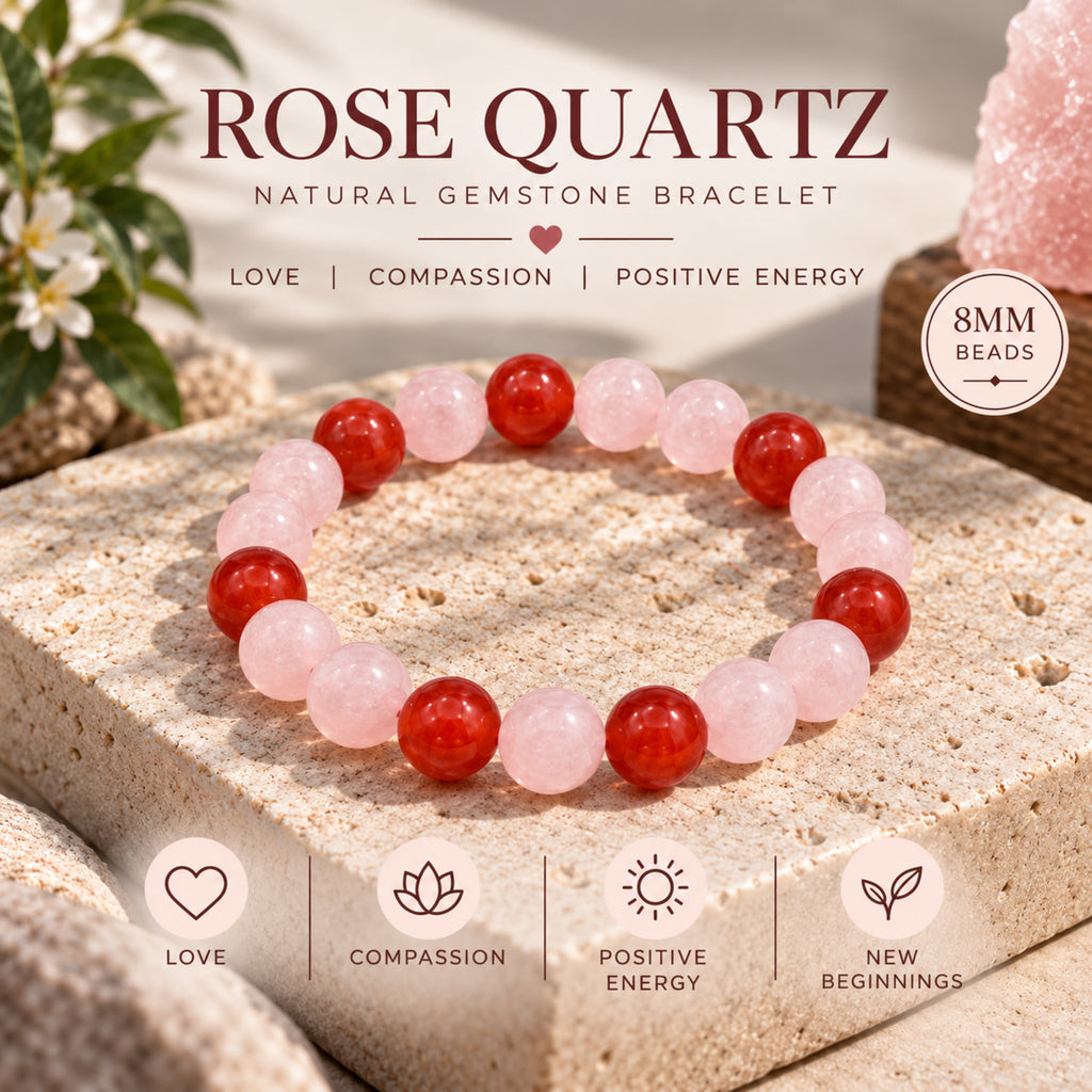 Natural Rose Quartz & Carnelian Bracelet for Love, Compassion & Positive Energy BB1009