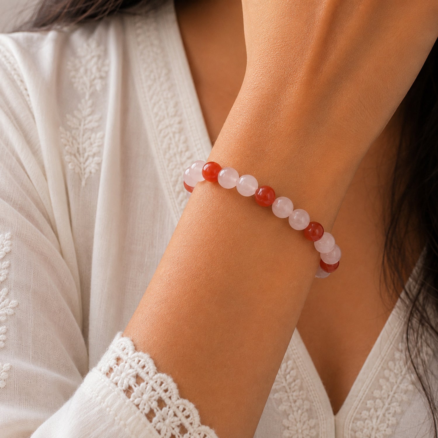 Natural Rose Quartz & Carnelian Pink & Red Gemstone Crystal Beaded Bracelet for Men & Women BB1009