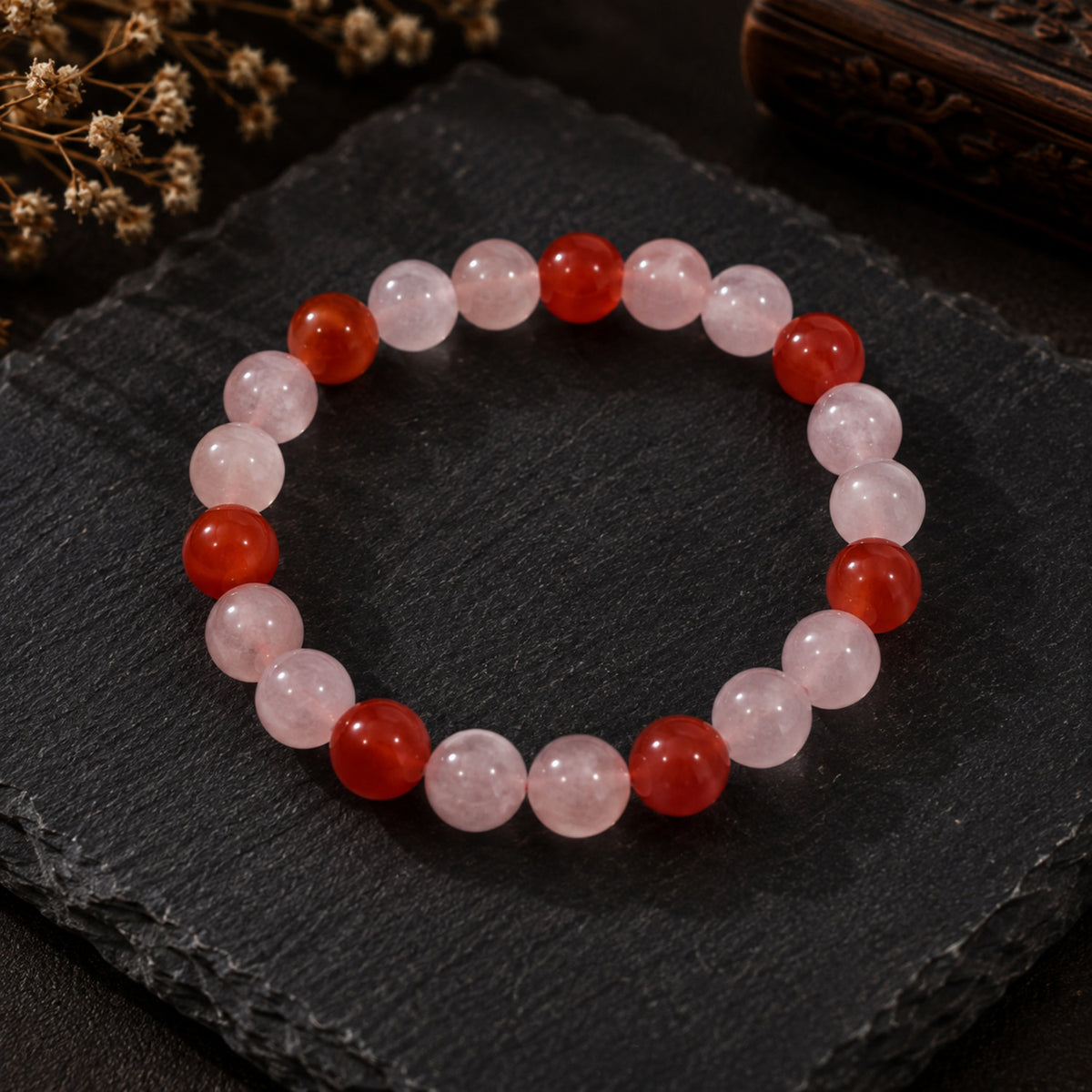 Natural Rose Quartz & Carnelian Pink & Red Gemstone Crystal Beaded Bracelet for Men & Women BB1009