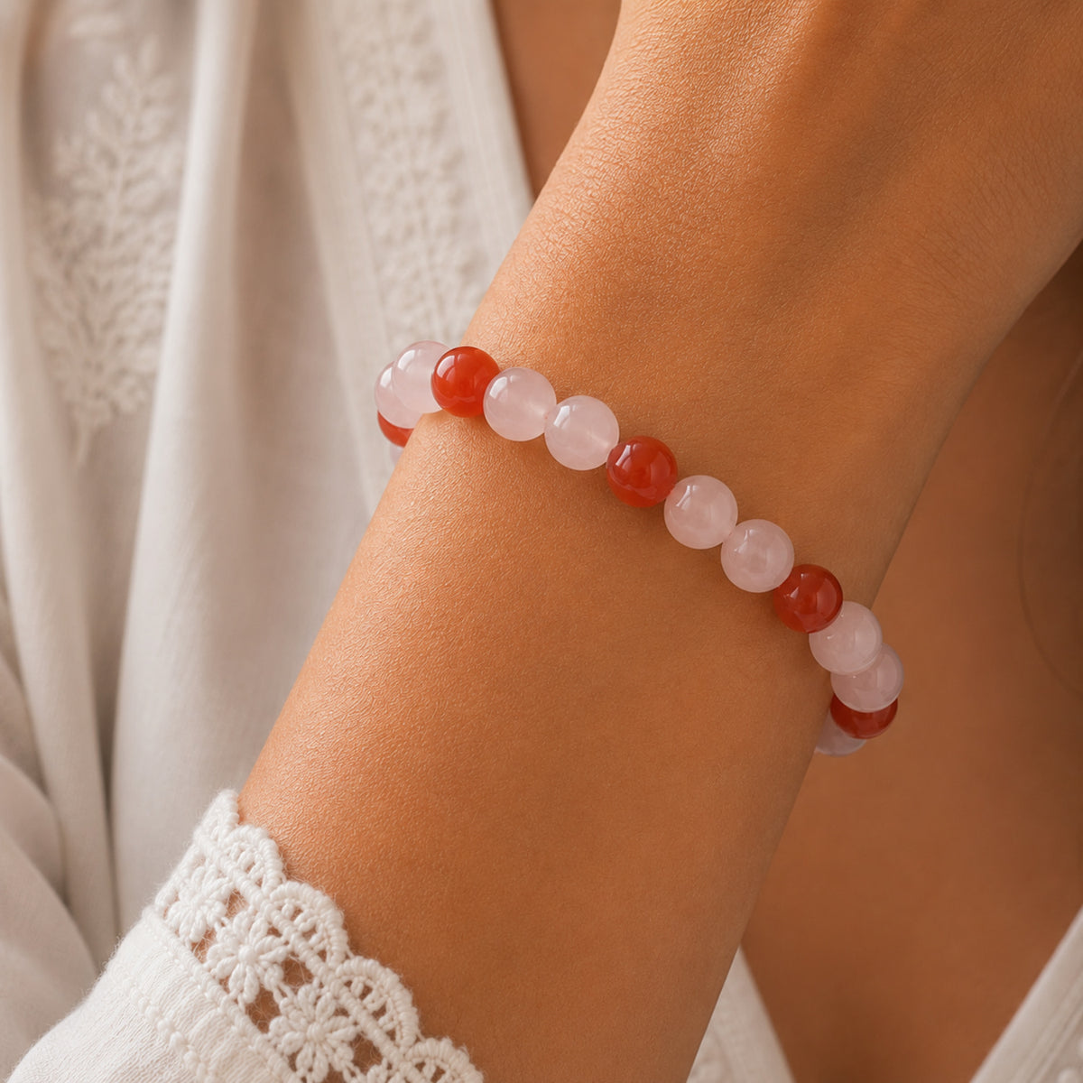 Natural Rose Quartz & Carnelian Pink & Red Gemstone Crystal Beaded Bracelet for Men & Women BB1009