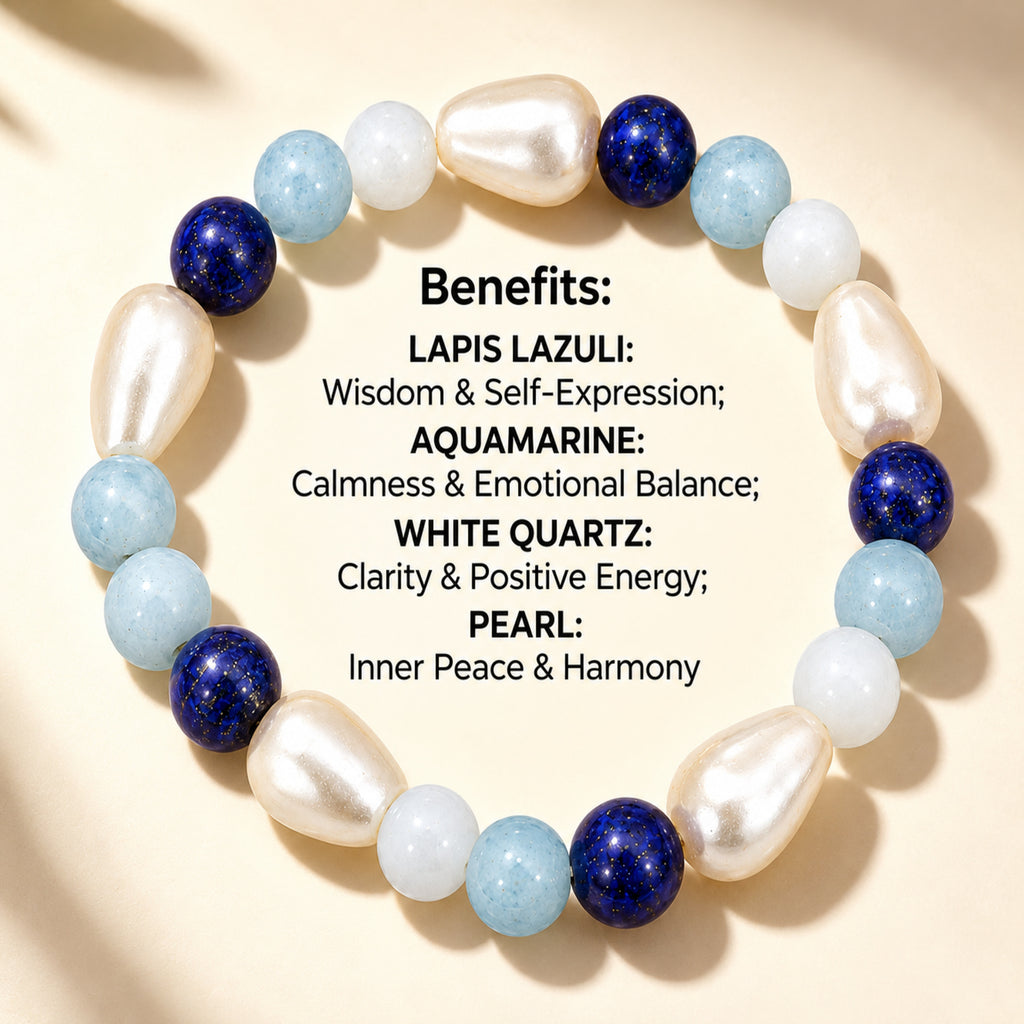 Natural Aquamarine, Lapis Lazuli, White Quartz & Pearl Bracelet for Wisdom, Calmness & Positive Energy BB1012