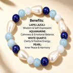 Natural Aquamarine, Lapis Lazuli, White Quartz & Pearl Bracelet for Wisdom, Calmness & Positive Energy BB1012