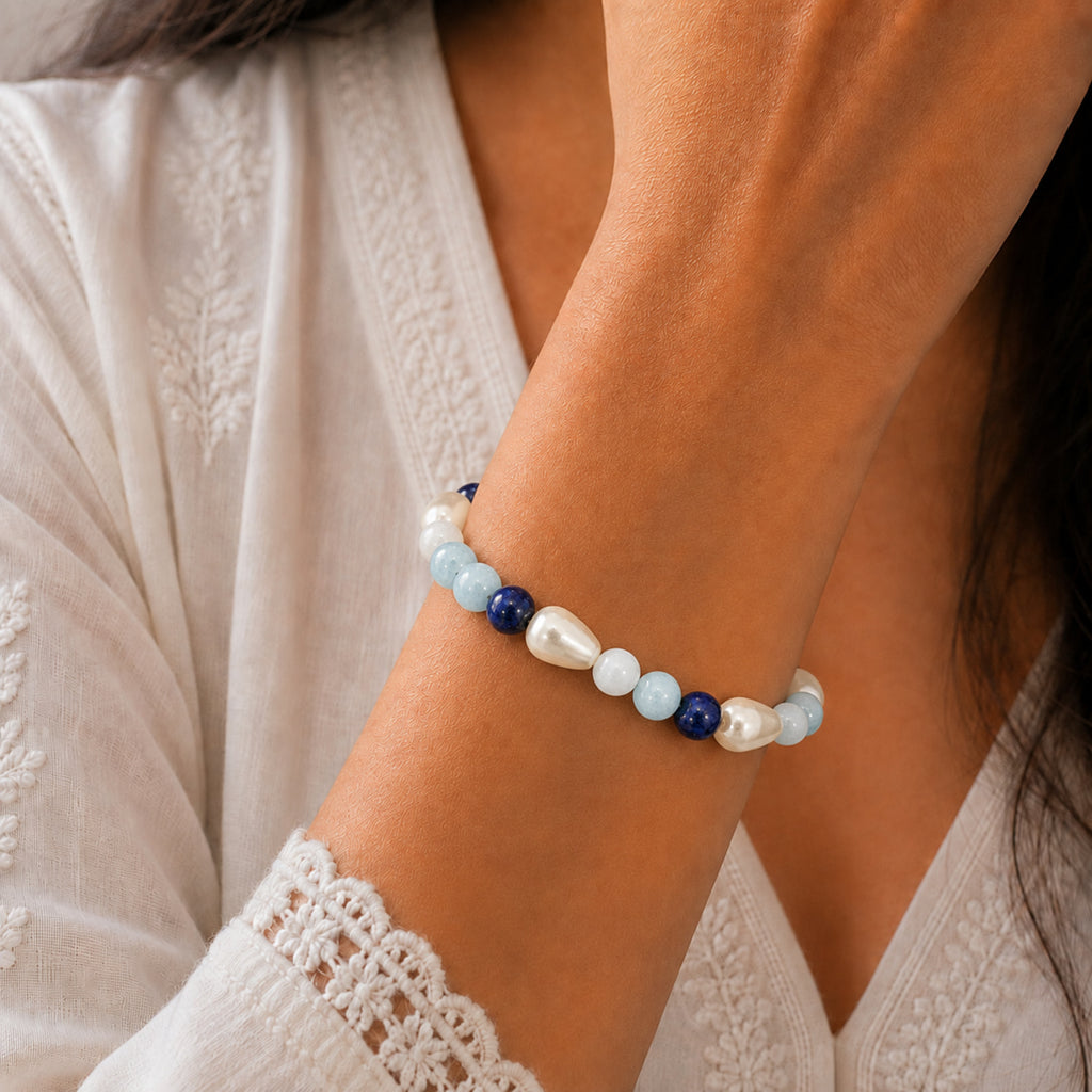 Natural Aquamarine Lapis Lazuli & Pearl Premium Gemstone Beads Bracelet for Men & Women BB1012