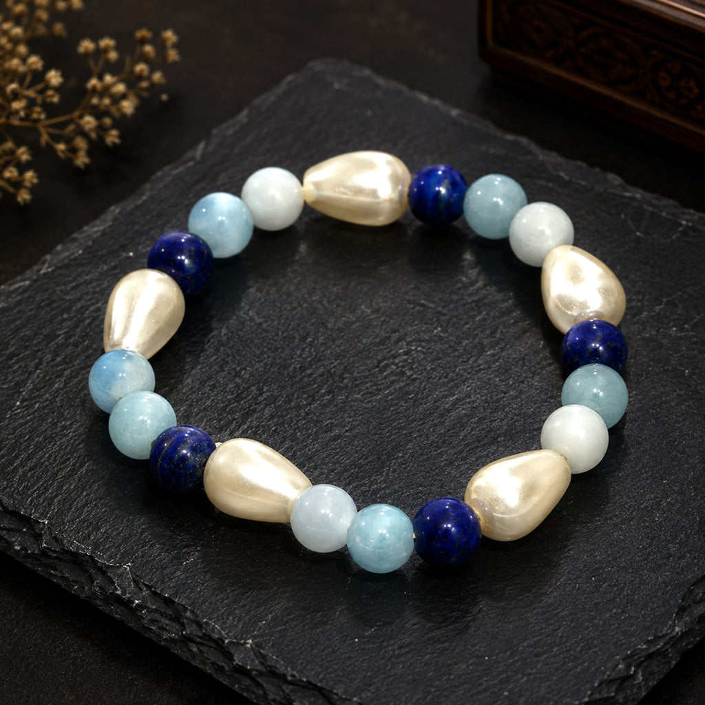 Natural Aquamarine Lapis Lazuli & Pearl Premium Gemstone Beads Bracelet for Men & Women BB1012