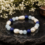 Natural Aquamarine Lapis Lazuli & Pearl Premium Gemstone Beads Bracelet for Men & Women BB1012