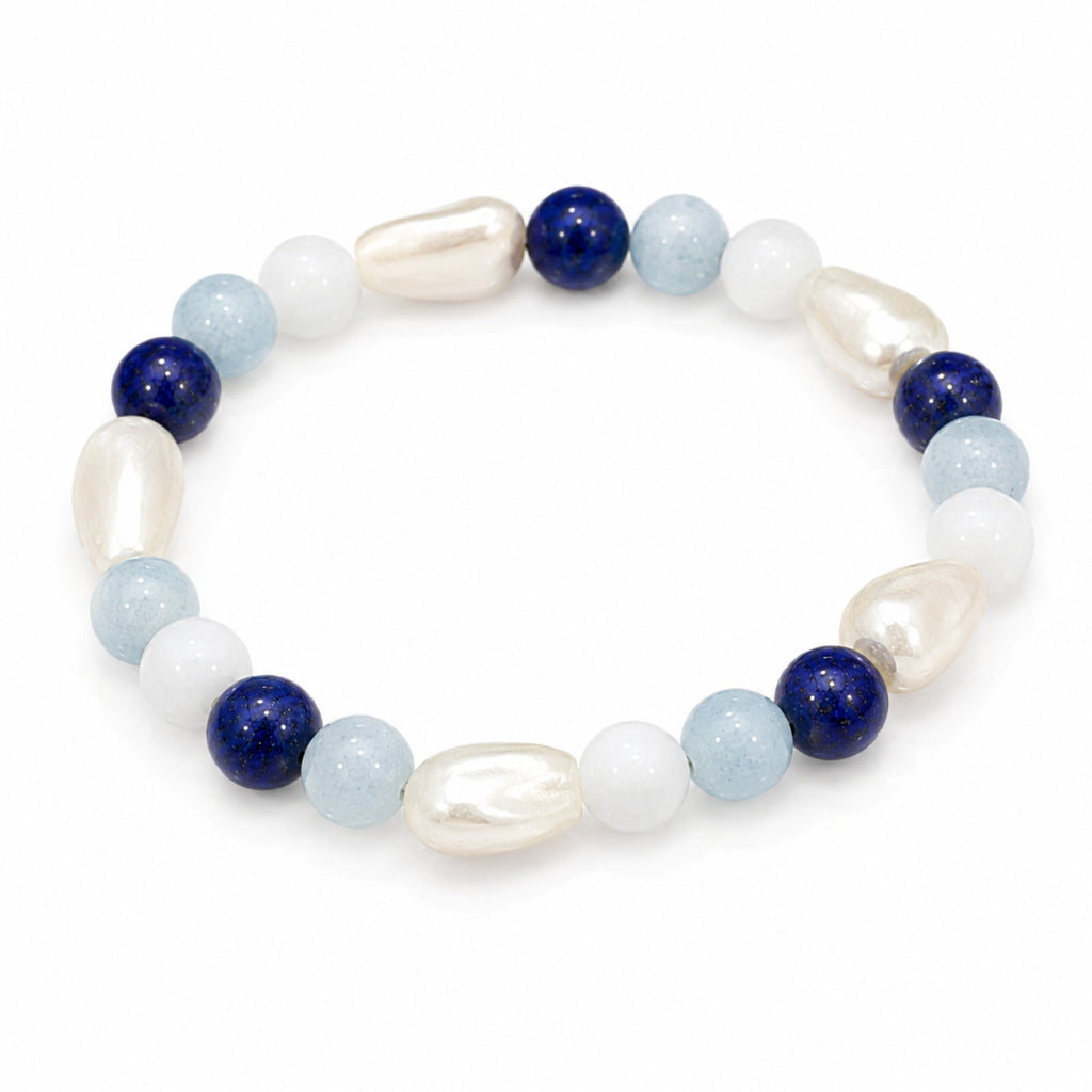 Natural Aquamarine Lapis Lazuli & Pearl Premium Gemstone Beads Bracelet for Men & Women BB1012