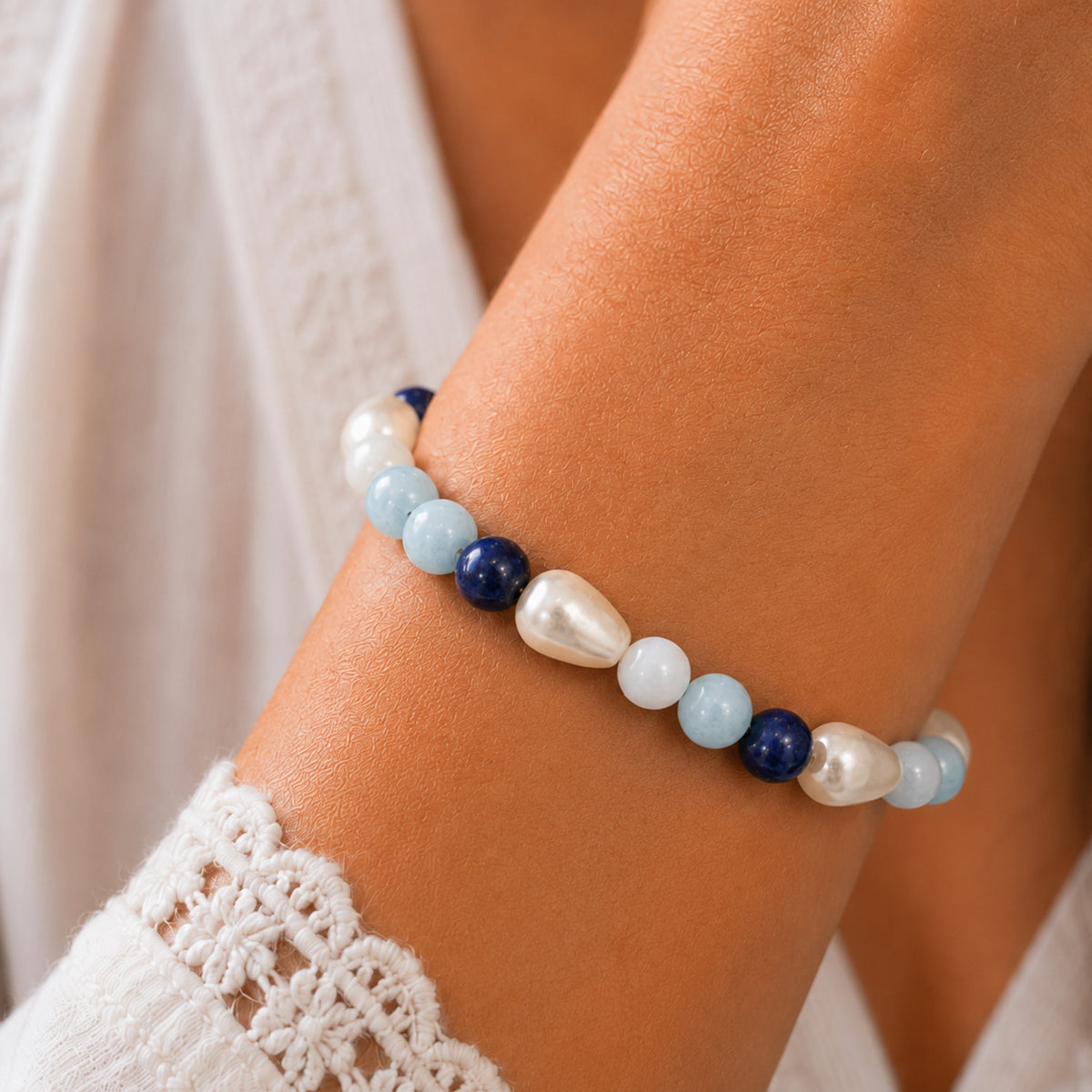 Natural Aquamarine Lapis Lazuli & Pearl Premium Gemstone Beads Bracelet for Men & Women BB1012