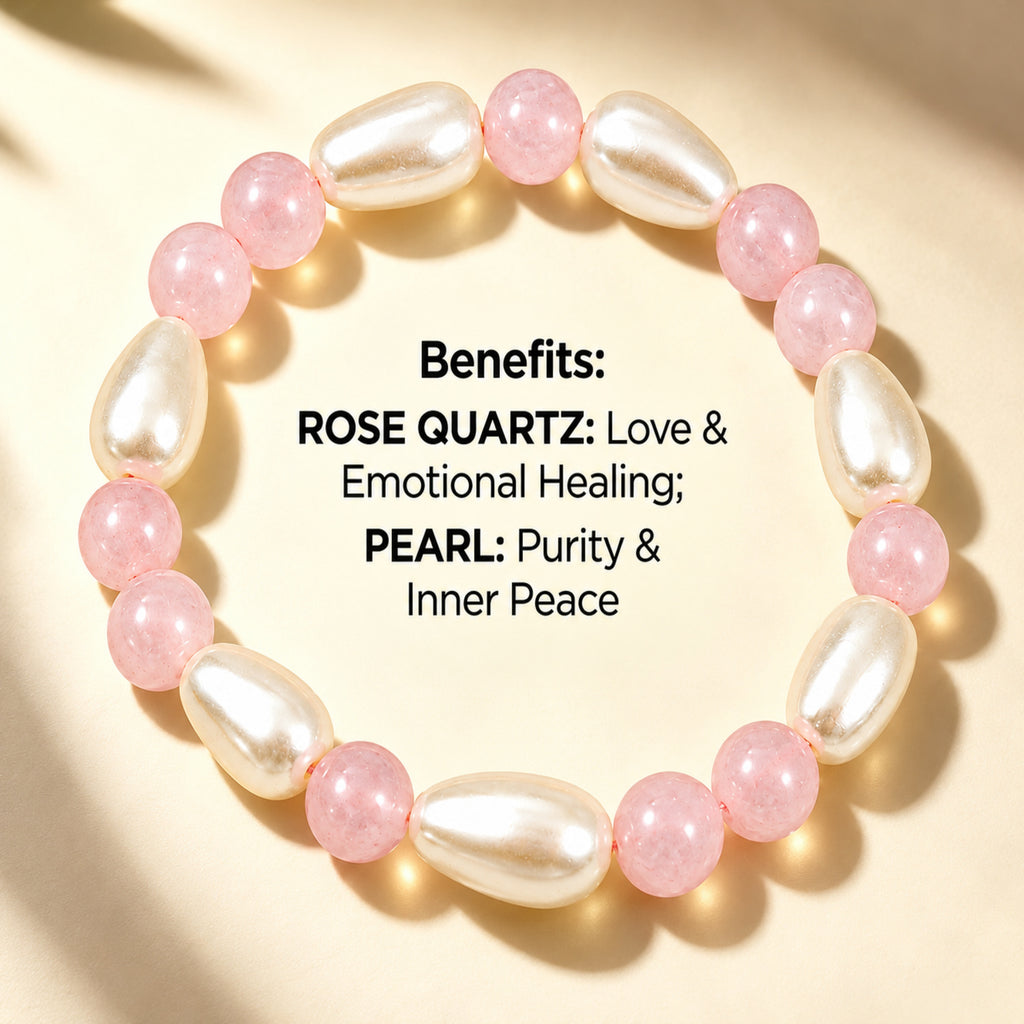 Natural Pink Rose Quartz & Pearl Bracelet for Love, Emotional Healing & Inner Peace BB1013