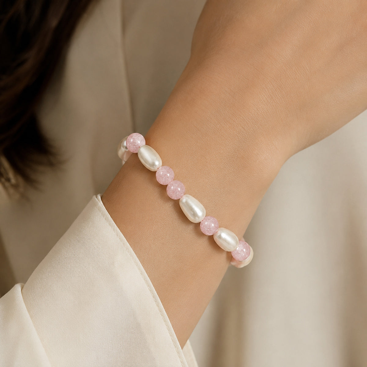 Natural Pink Rose Quartz & Pearl Premium Gemstone Beads Bracelet for Men & Women BB1013