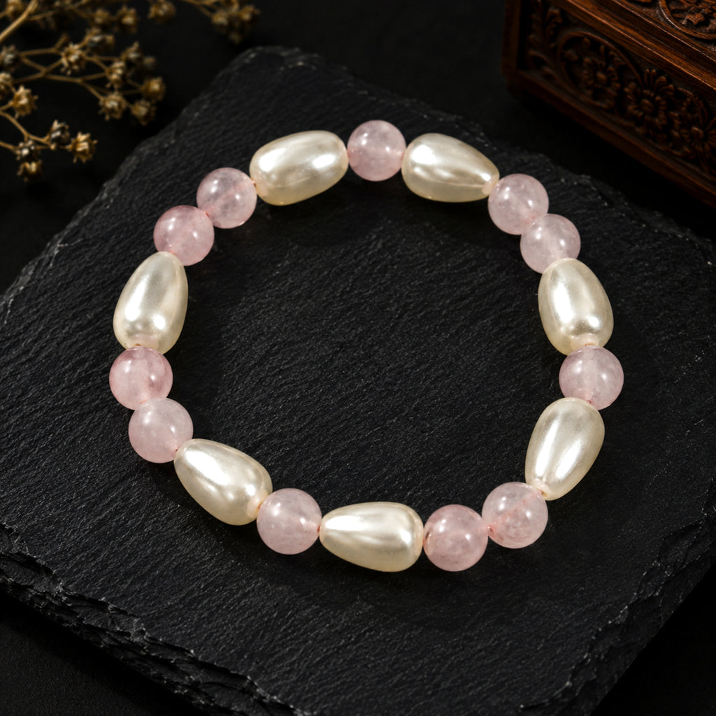 Natural Pink Rose Quartz & Pearl Premium Gemstone Beads Bracelet for Men & Women BB1013