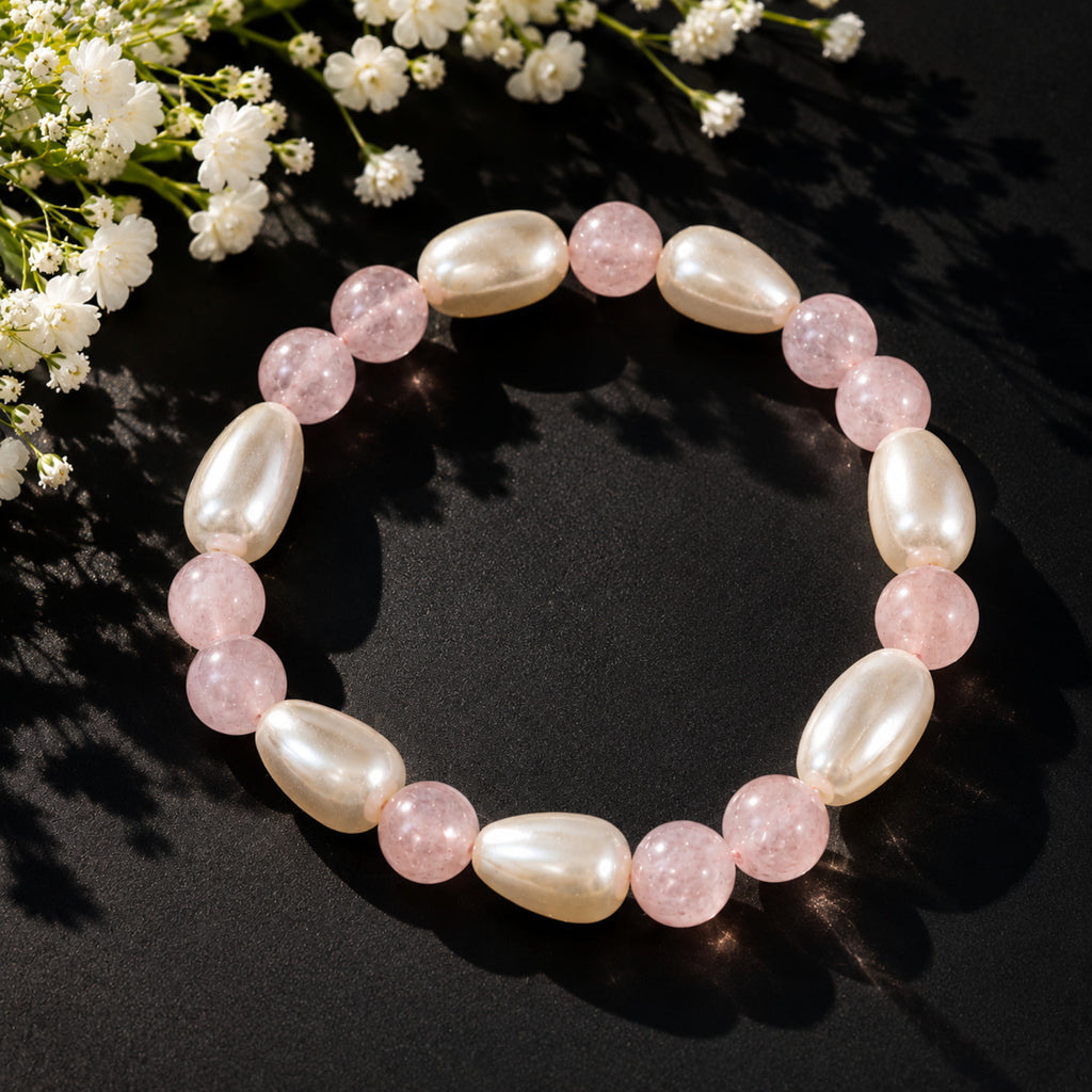 Natural Pink Rose Quartz & Pearl Premium Gemstone Beads Bracelet for Men & Women BB1013