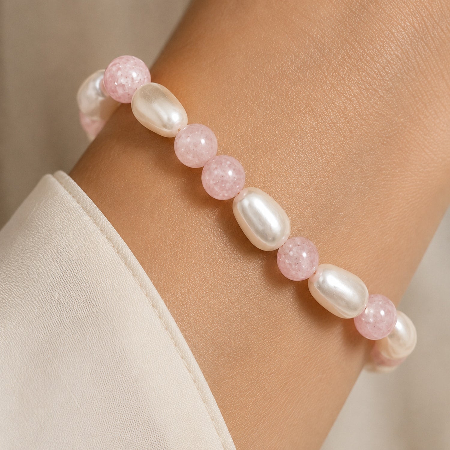 Natural Pink Rose Quartz & Pearl Premium Gemstone Beads Bracelet for Men & Women BB1013