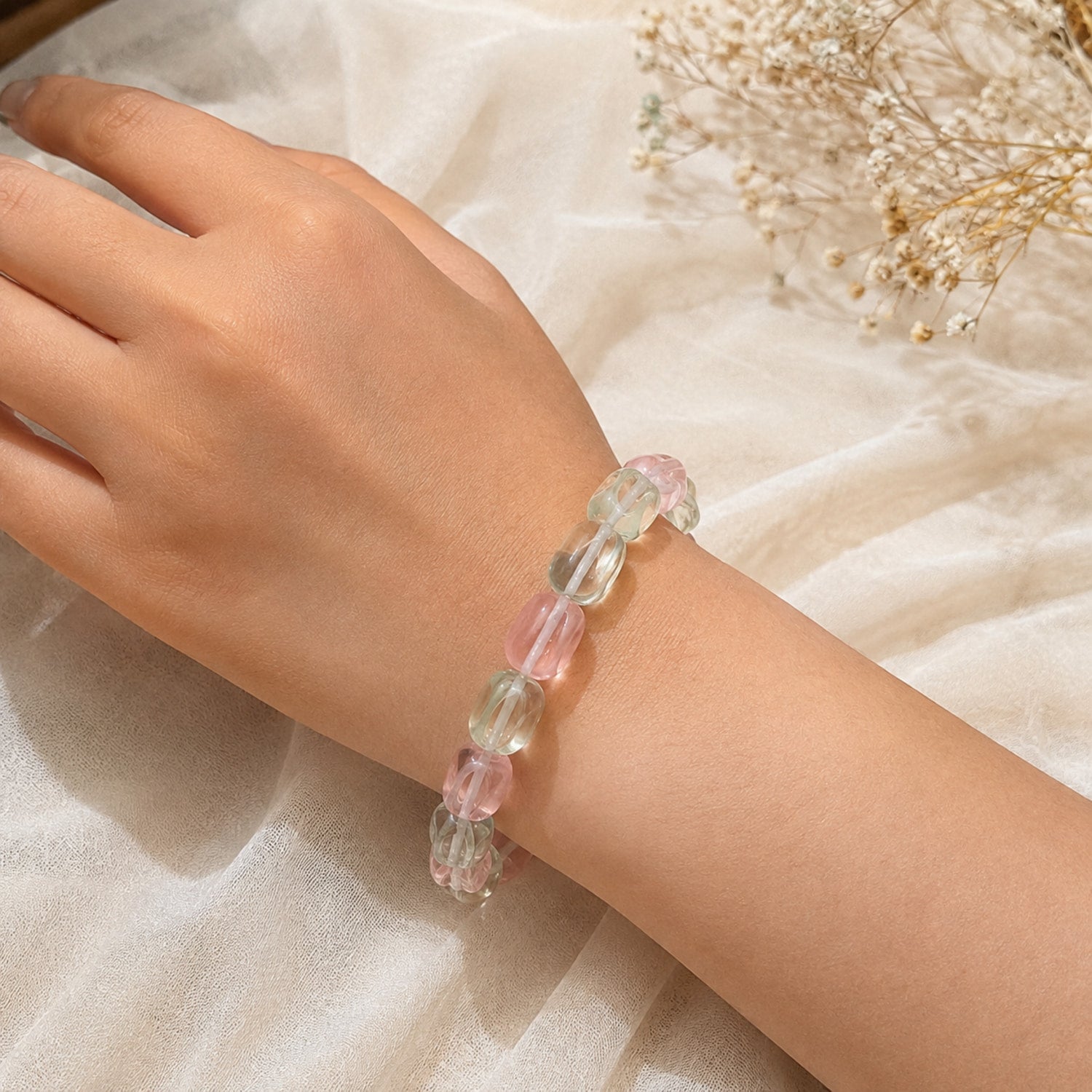 Natural Multicolor Gemstone Pink Green & Clear Crystal Beaded Bracelet BB1017