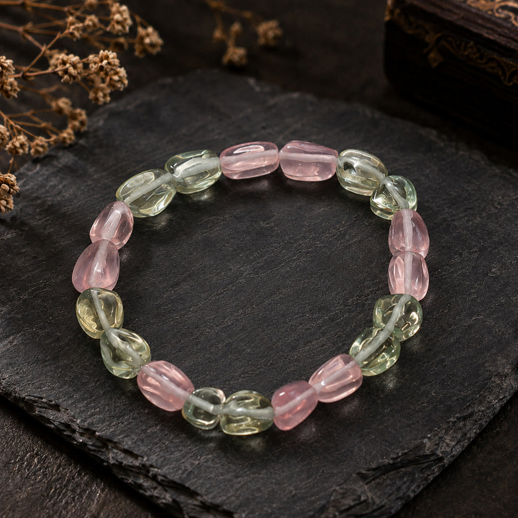 Natural Multicolor Gemstone Pink Green & Clear Crystal Beaded Bracelet BB1017