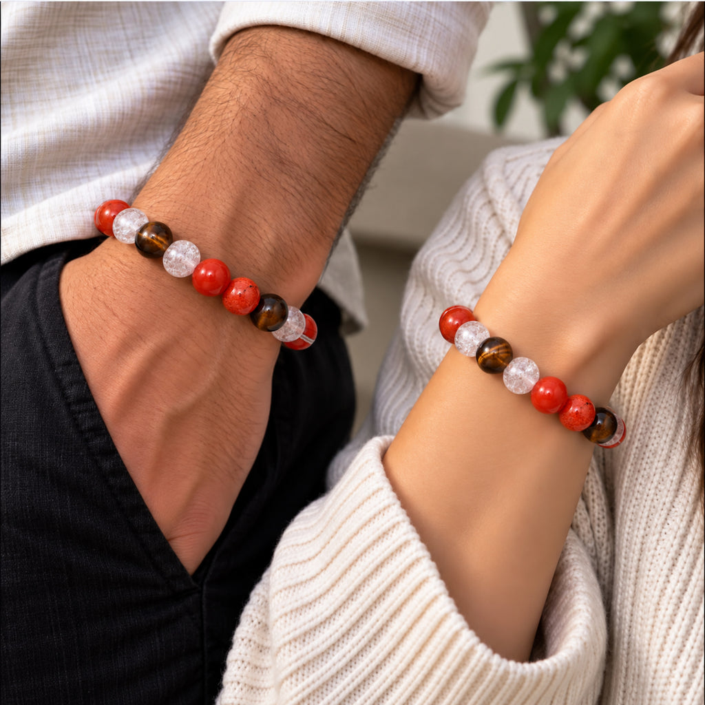 Natural Red Carnelian, Red Jasper, Tiger Eye & Clear Quartz Crystal Beaded Zodiac Bracelet for Courage, Confidence & Motivation BB1018