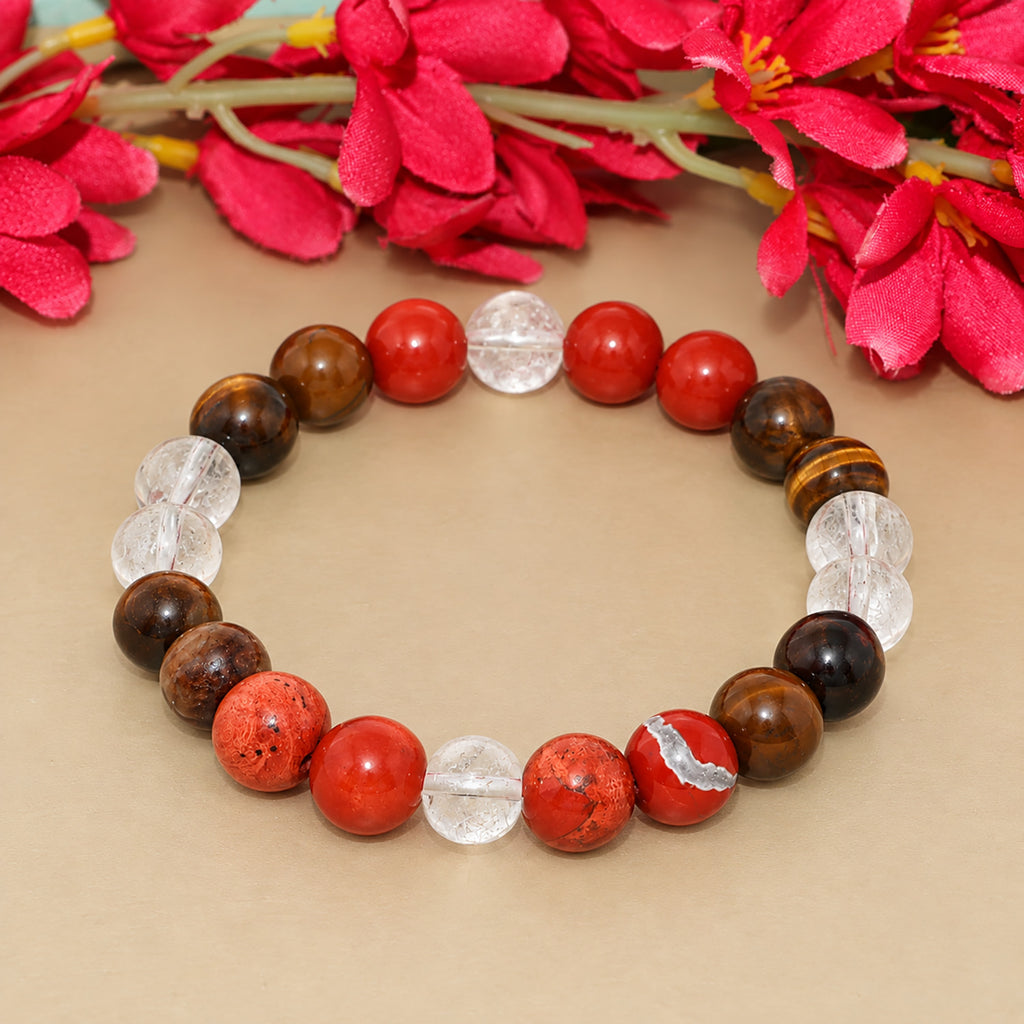 Natural Red Carnelian, Red Jasper, Tiger Eye & Clear Quartz Crystal Beaded Zodiac Bracelet for Courage, Confidence & Motivation BB1018
