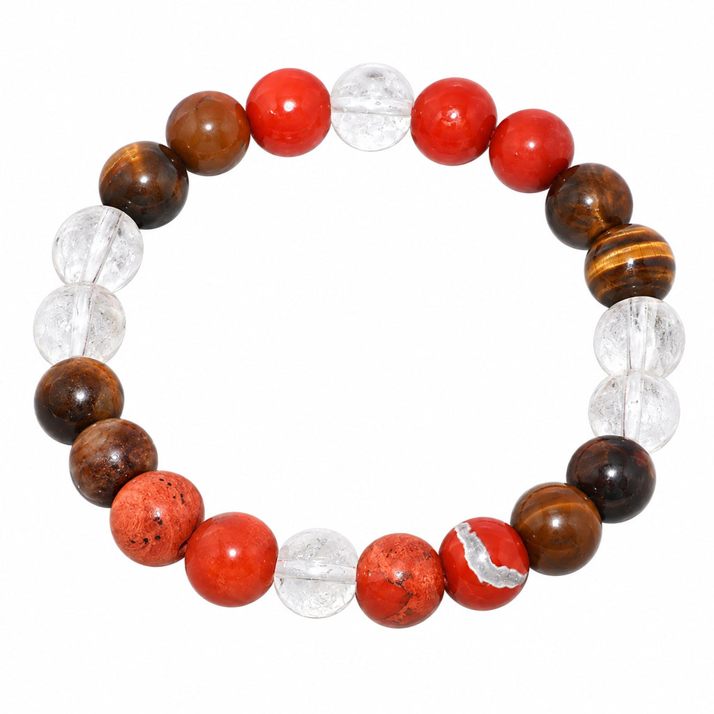 Natural Red Carnelian, Red Jasper, Tiger Eye & Clear Quartz Crystal Beaded Zodiac Bracelet for Courage, Confidence & Motivation BB1018