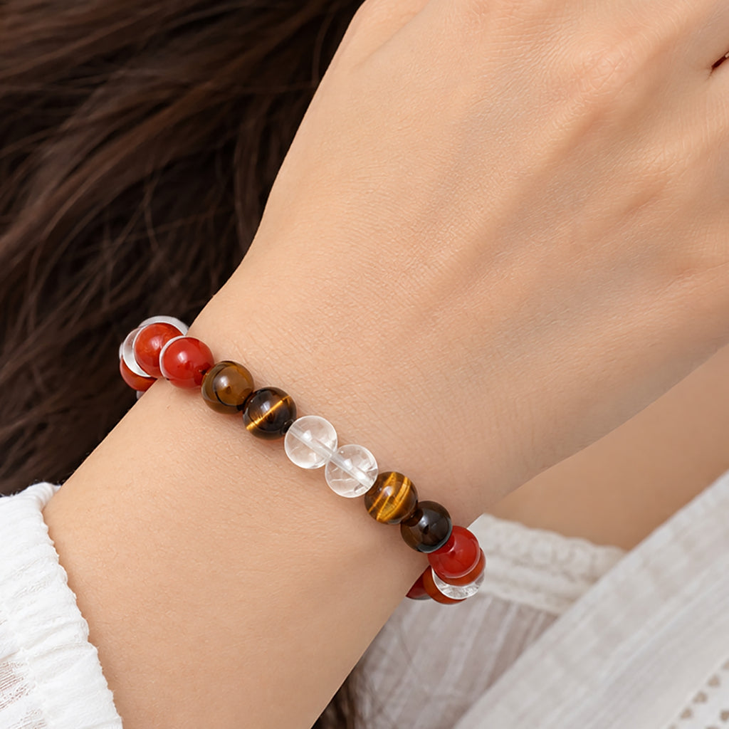 Natural Red Carnelian, Red Jasper, Tiger Eye & Clear Quartz Crystal Beaded Zodiac Bracelet for Courage, Confidence & Motivation BB1018