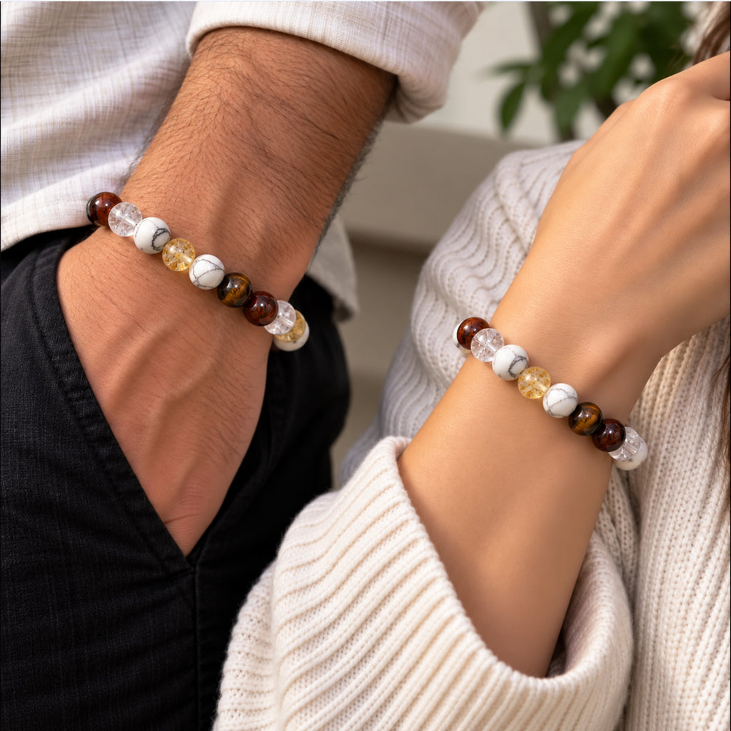 Natural Howlite, Rutilated Quartz, Clear Quartz & Tiger Eye Crystal Beaded Bracelet for Communication, Confidence & Mental Clarity BB1019
