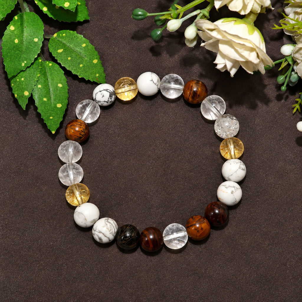 Natural Howlite, Rutilated Quartz, Clear Quartz & Tiger Eye Crystal Beaded Bracelet for Communication, Confidence & Mental Clarity BB1019