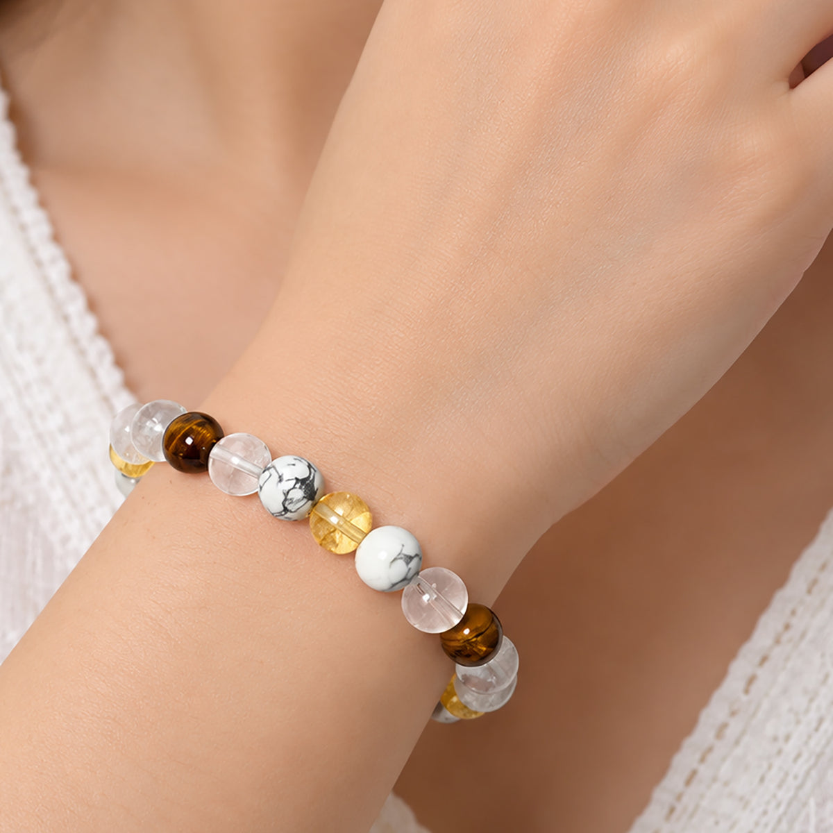 Natural Howlite, Rutilated Quartz, Clear Quartz & Tiger Eye Crystal Beaded Bracelet for Communication, Confidence & Mental Clarity BB1019