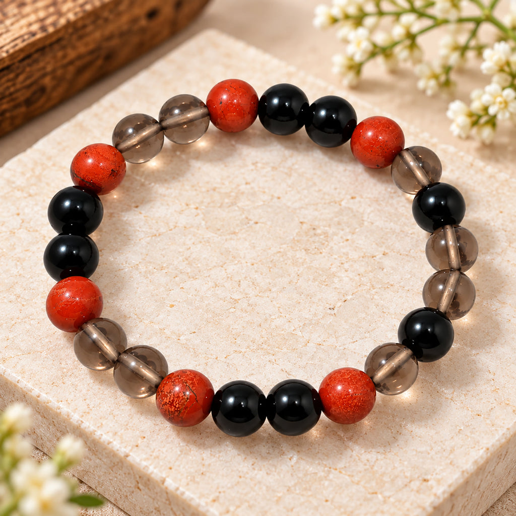 Natural Black Onyx, Smoky Quartz & Red Jasper Beaded Bracelet – Healing Crystal Stone Bracelet for Men & Women BB1022_A