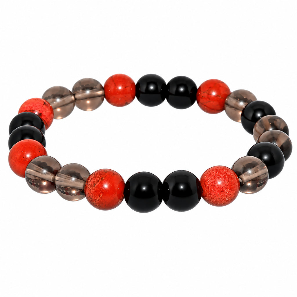 Natural Black Onyx, Smoky Quartz & Red Jasper Beaded Bracelet – Healing Crystal Stone Bracelet for Men & Women BB1022_A
