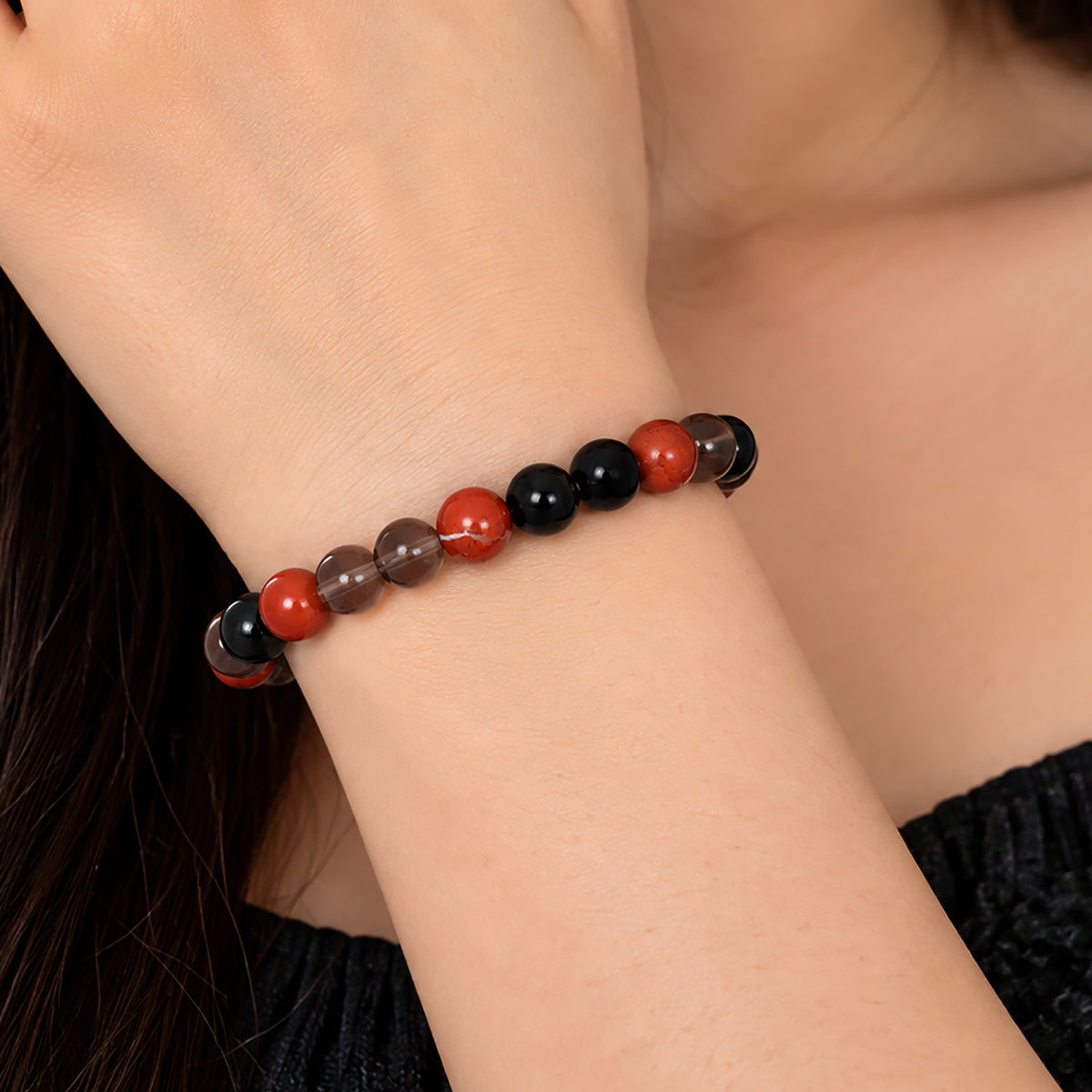 Natural Black Onyx, Smoky Quartz & Red Jasper Beaded Bracelet – Healing Crystal Stone Bracelet for Men & Women BB1022_A