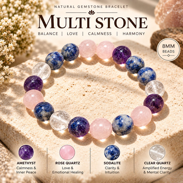 Natural Sodalite, Amethyst, Rose Quartz & Clear Quartz Beaded Bracelet – Healing Crystal Stone Bracelet for Men & Women BB1027_A