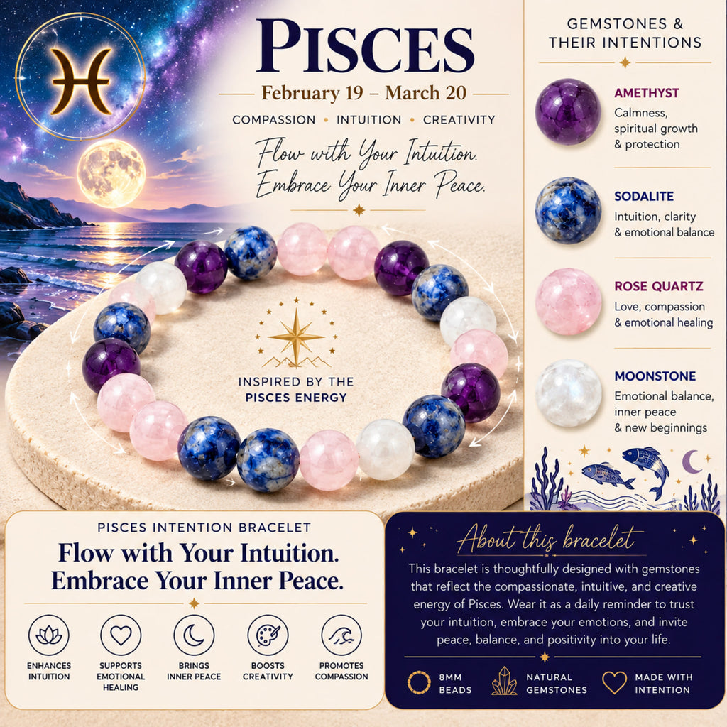 Natural Sodalite, Amethyst, Rose Quartz & Clear Quartz Bracelet for Intuition, Love & Inner Peace Pisces Zodiac Bracelet BB1027