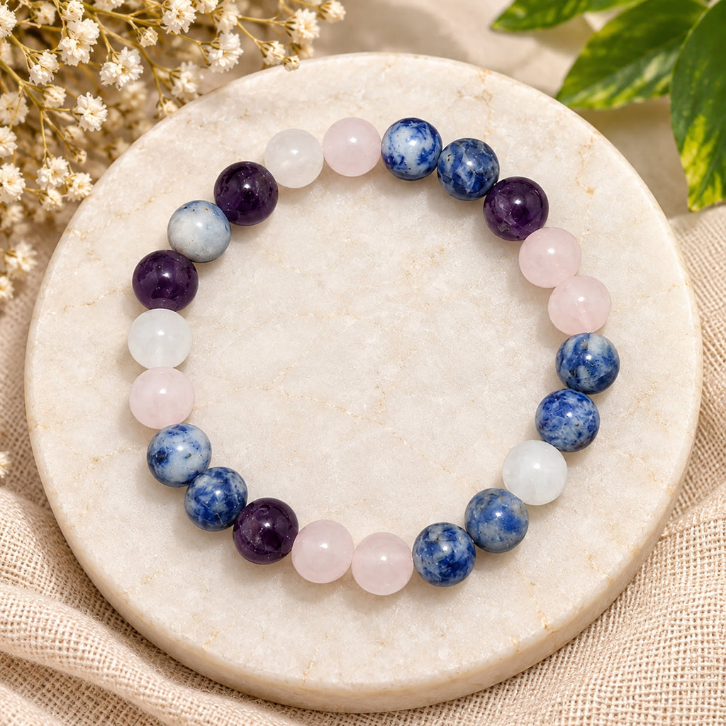 Natural Sodalite, Amethyst, Rose Quartz & Clear Quartz Bracelet for Intuition, Love & Inner Peace Pisces Zodiac Bracelet BB1027