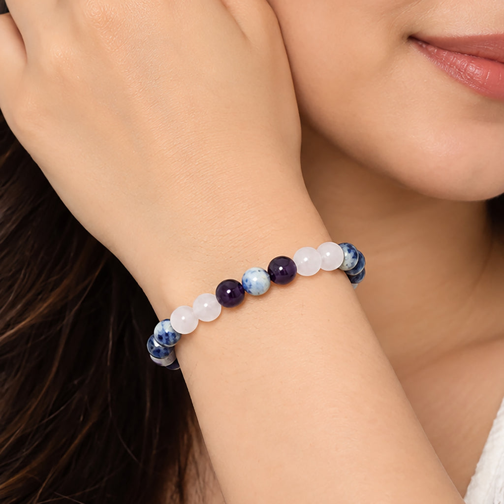 Natural Sodalite, Amethyst, Rose Quartz & Clear Quartz Bracelet for Intuition, Love & Inner Peace Pisces Zodiac Bracelet BB1027