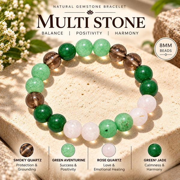 Natural Green Aventurine, Smoky Quartz & Rutilated Quartz Beaded Bracelet – Healing Crystal Stone Bracelet for Men & Women BB1028_A