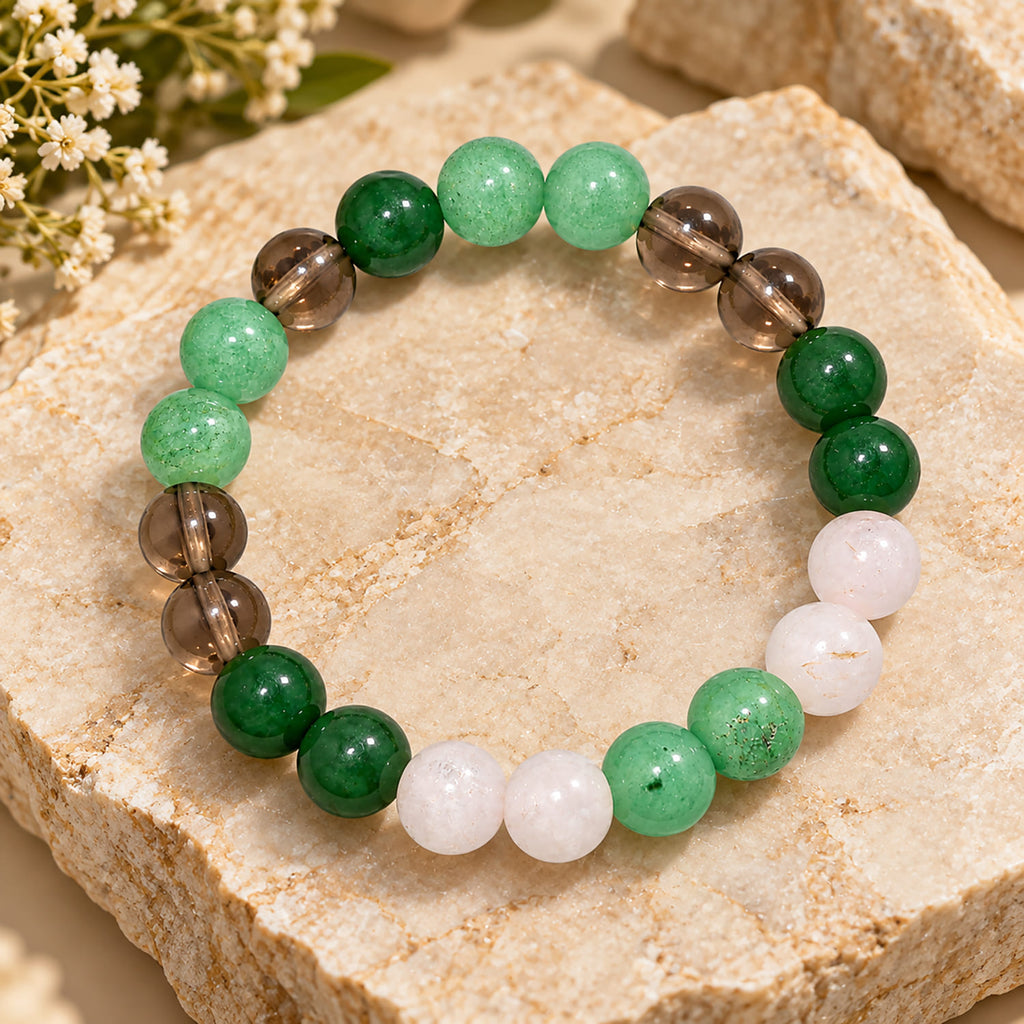 Natural Green Aventurine, Smoky Quartz & Rutilated Quartz Bracelet for Grounding, Stability & Positive Energy Taurus Zodiac Bracelet BB1028
