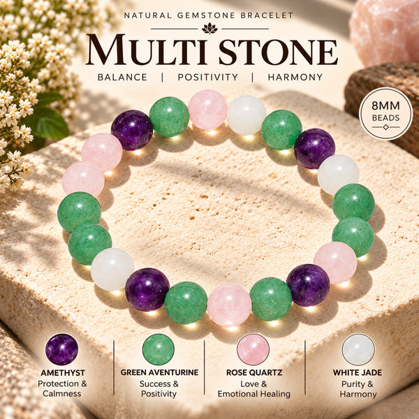 Natural Amethyst, Green Aventurine, Rose Quartz & Clear Quartz Beaded Bracelet – Crystal Stone Healing Bracelet for Men & Women BB1029_A
