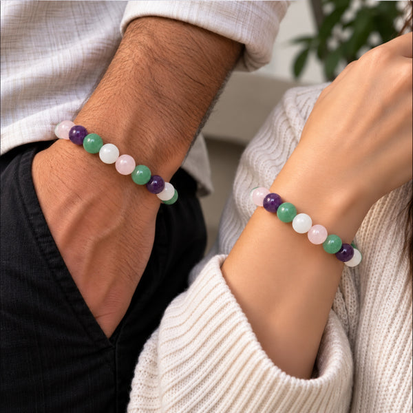 Natural Amethyst, Green Aventurine, Rose Quartz & Clear Quartz Beaded Bracelet – Crystal Stone Healing Bracelet for Men & Women BB1029_A