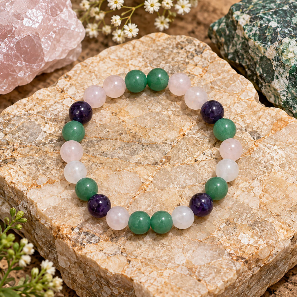 Natural Amethyst, Green Aventurine, Rose Quartz & Clear Quartz Bracelet for Love, Harmony & Emotional Balance Libra Zodiac Bracelet BB1029