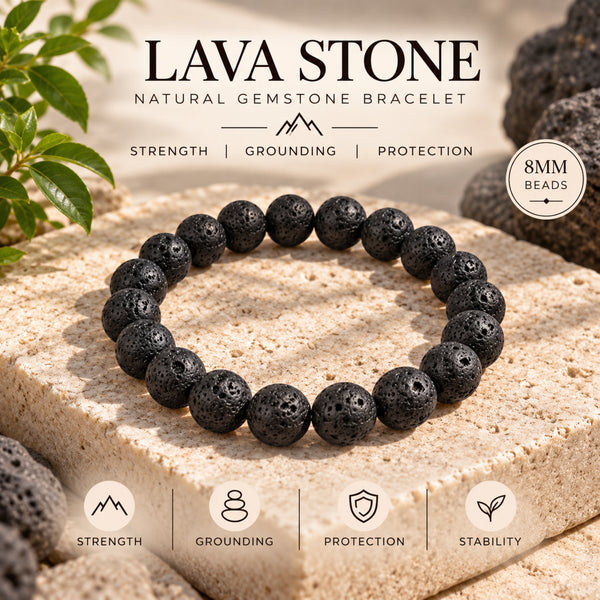 Natural Black Lava Stone Beaded Bracelet – Volcanic Lava Rock Crystal Healing Bracelet for Men & Women BB1031_A