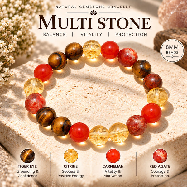 Natural Tiger Eye, Red Carnelian & Citrine Beaded Bracelet – Crystal Stone Healing Bracelet for Men & Women BB1032_A