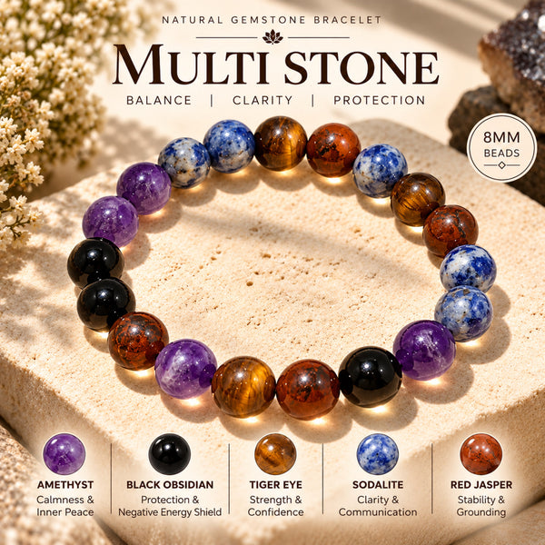 Natural Sodalite, Amethyst, Tiger Eye & Black Onyx Beaded Bracelet – Crystal Healing Stone Bracelet for Men & Women BB1033_A