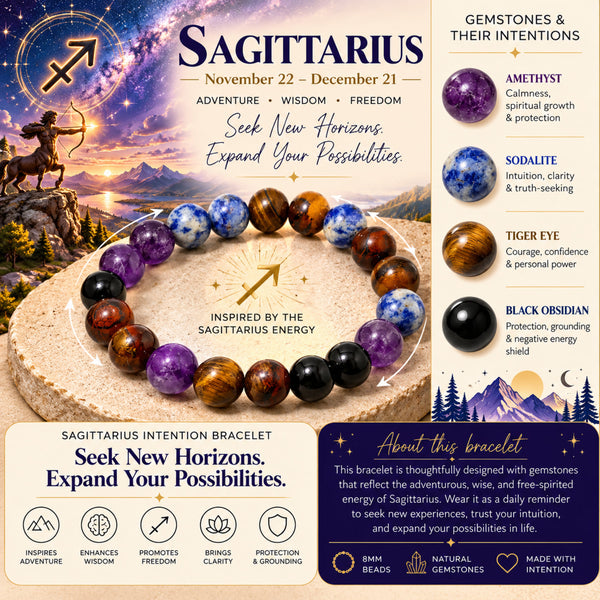 Natural Sodalite, Amethyst, Tiger Eye & Black Onyx Bracelet for Wisdom, Courage, Clarity & Protection Sagittarius Zodiac Bracelet BB1033