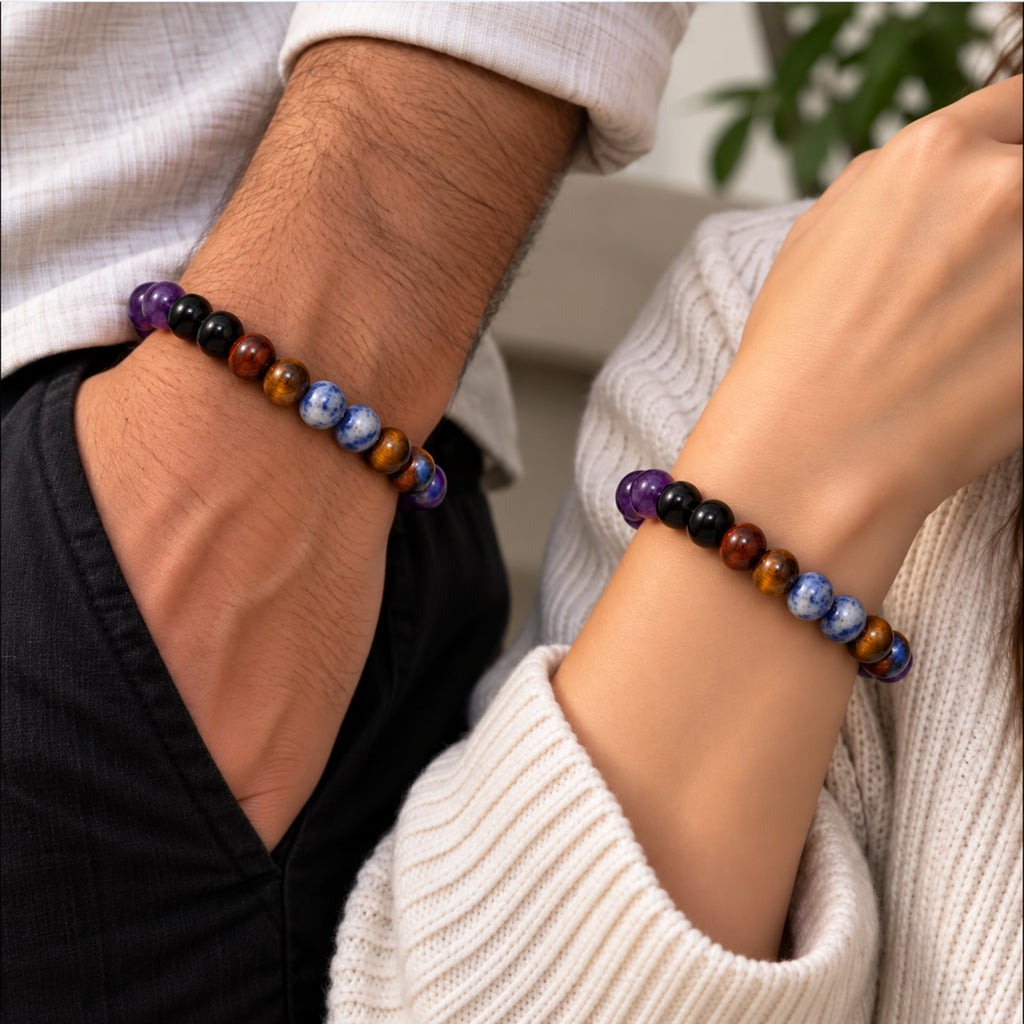 Natural Sodalite, Amethyst, Tiger Eye & Black Onyx Bracelet for Wisdom, Courage, Clarity & Protection Sagittarius Zodiac Bracelet BB1033